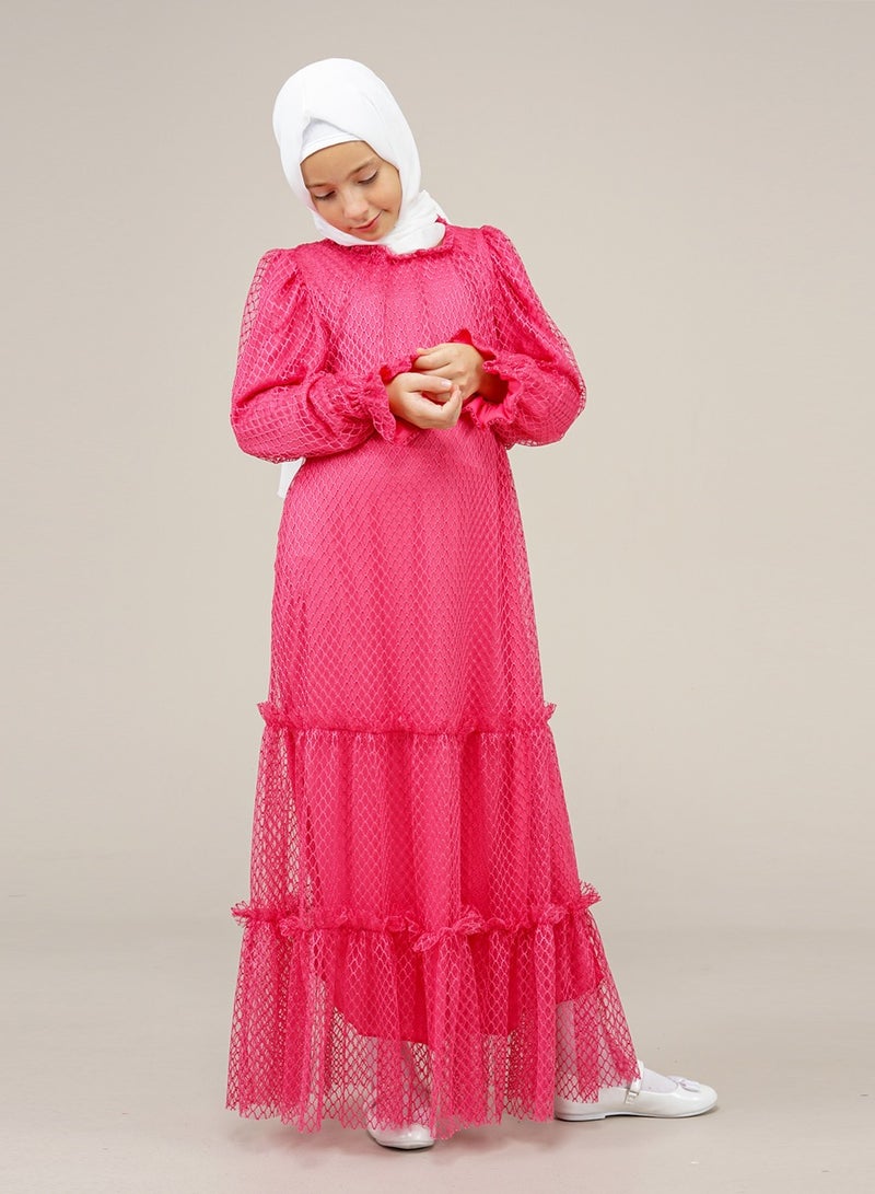 Lamora Young Girls Long two-layer mesh Layered Halter Pleated Long Sleeves Kids Dress Fuchsia - Image 3