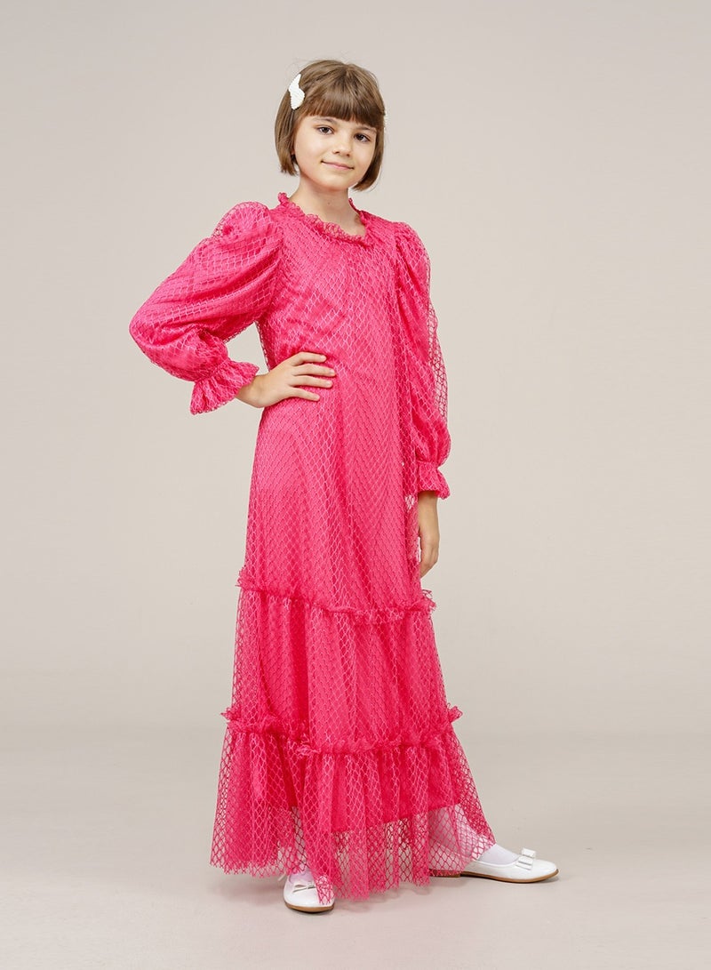 Lamora Young Girls Long two-layer mesh Layered Halter Pleated Long Sleeves Kids Dress Fuchsia - Image 2