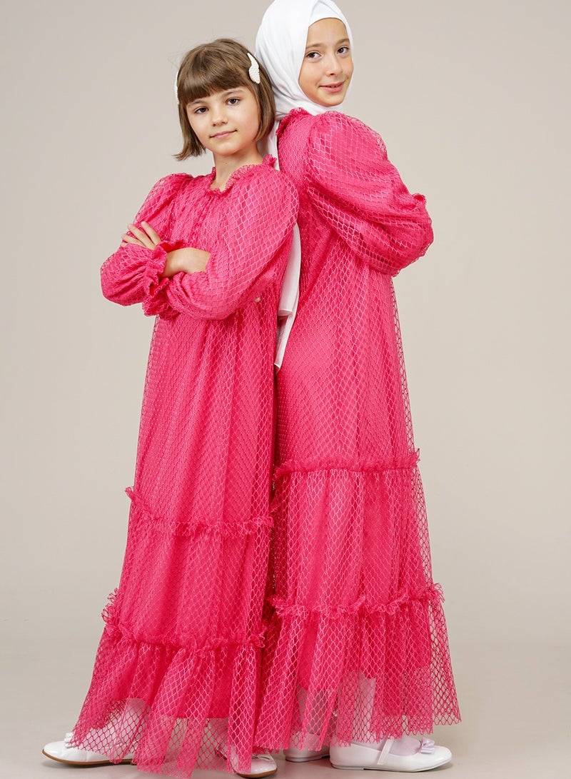 Lamora Young Girls Long two-layer mesh Layered Halter Pleated Long Sleeves Kids Dress Fuchsia - Image 4