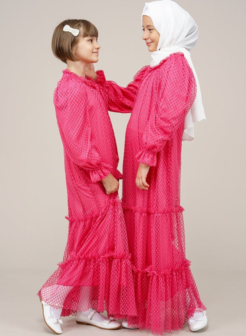 Lamora Young Girls Long two-layer mesh Layered Halter Pleated Long Sleeves Kids Dress Fuchsia - Image 5