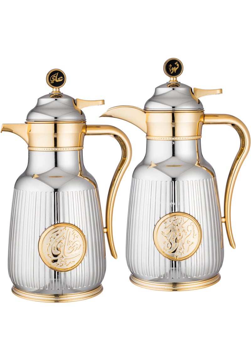 Alsaif Asal Thermos Set from Saif with a touch of luxury and beauty in the beautiful shiny silver and gold color - Image 2