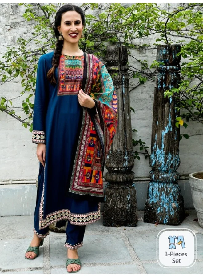 AKS Blue & Yellow Printed Kurta & Pant With Dupatta Set