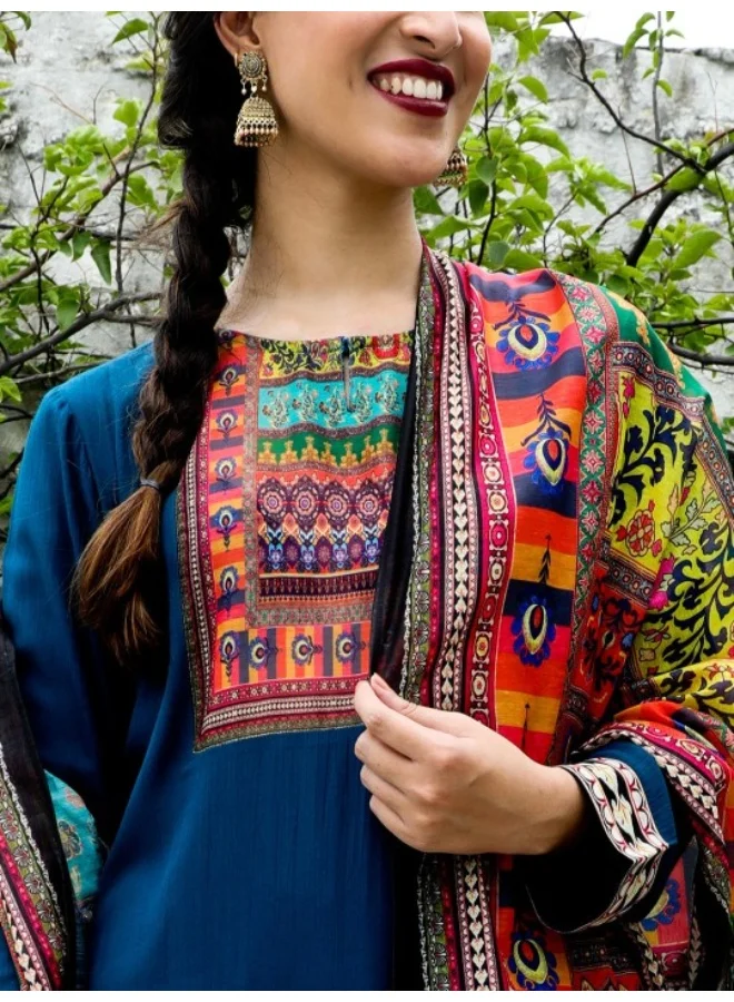AKS Blue & Yellow Printed Kurta & Pant With Dupatta Set