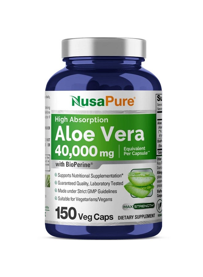 NusaPure Aloe Vera 40,000mg Per Veggie Caps - 150 Count - Aloe Vera Gel Supplement - Extract 200:1, Vegetarian, Non-GMO, Bioperine - Image 1