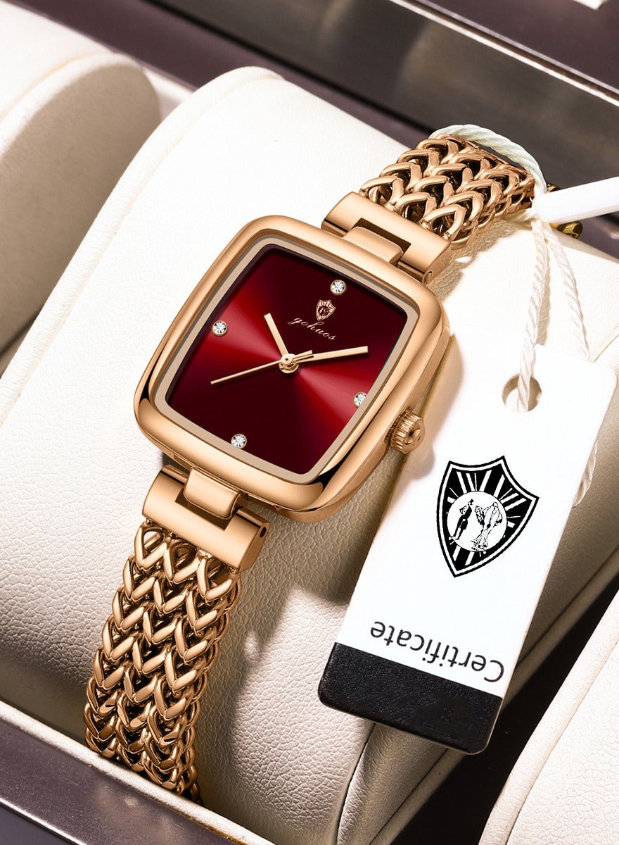 Women's Quartz Watch, Top Brand Luxury Fashion Stainless Steel Band Waterproof Analog Classic Wrist Watch - 28mm - Rose Golden/Red - Mother or Girlfriend Gift & Eid Ramadan Gifts