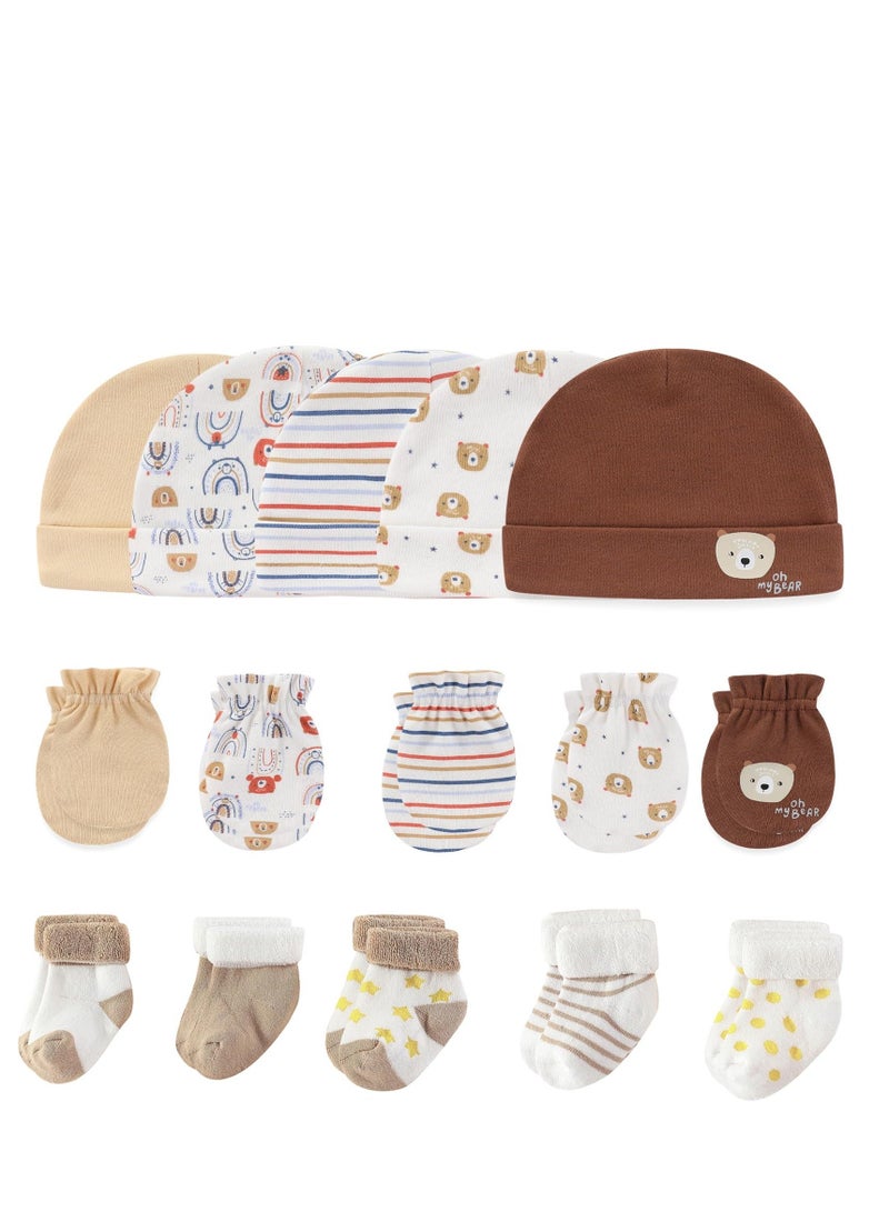 Y&D Baby Caps Mittens and Thick Warm Socks Cotton Newborn Essentials Accessories No Scratch Elastic Wrist Gloves Hypoallergenic for Boys Girls  - Image 1