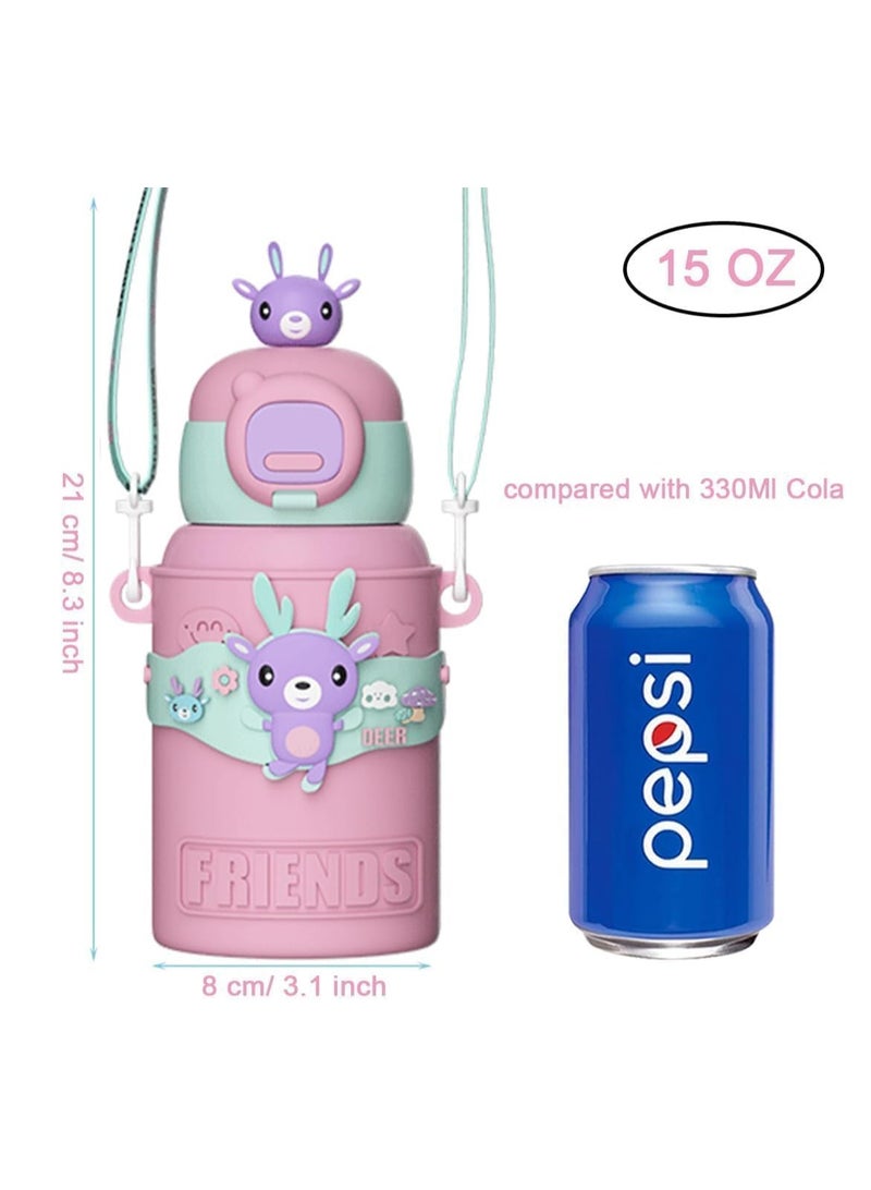 TRASSLE Cute Insulated Water Bottle with Straw Strap Kids,15 oz Metal Cups for Hot and Cold Drinks,BPA Free Thermoses Leak-proof Flask for Boys and Girls School Indoor Outdoor Sports - Image 2
