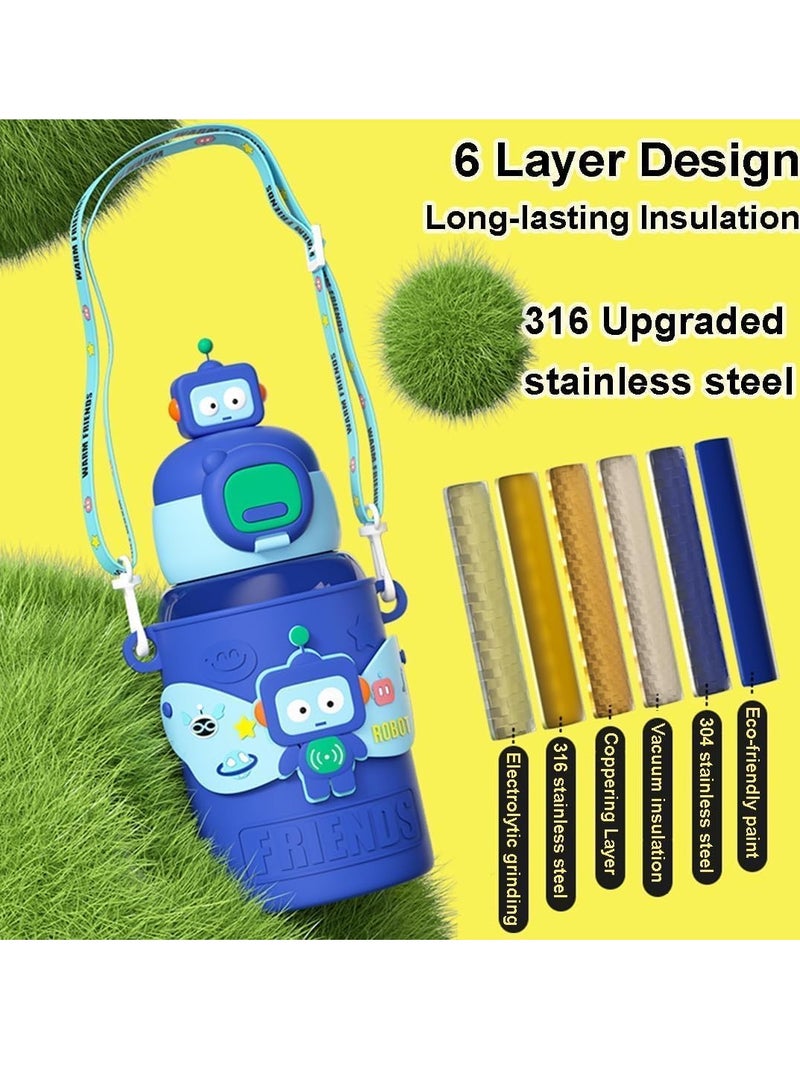 TRASSLE Cute Insulated Water Bottle with Straw Strap Kids,15 oz Metal Cups for Hot and Cold Drinks,BPA Free Thermoses Leak-proof Flask for Boys and Girls School Indoor Outdoor Sports - Image 3