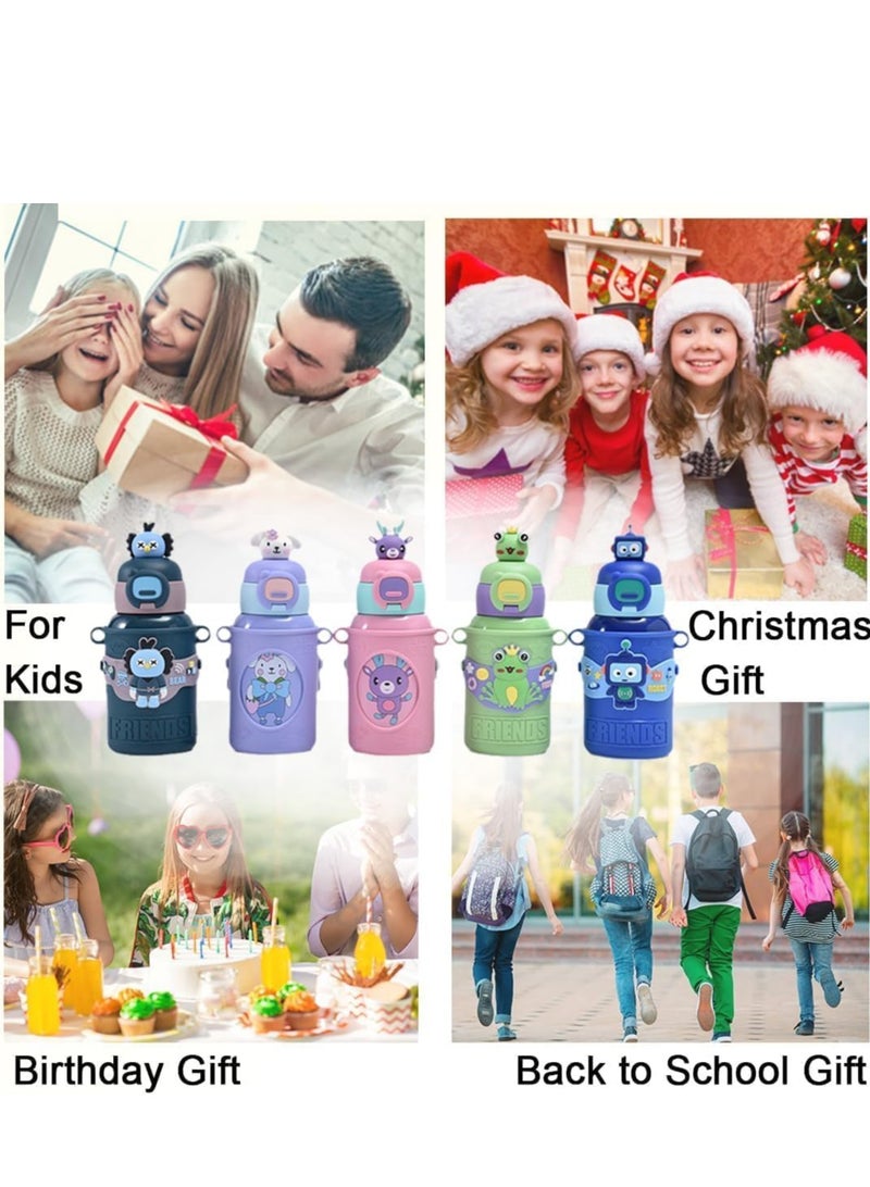 TRASSLE Cute Insulated Water Bottle with Straw Strap Kids,15 oz Metal Cups for Hot and Cold Drinks,BPA Free Thermoses Leak-proof Flask for Boys and Girls School Indoor Outdoor Sports - Image 5