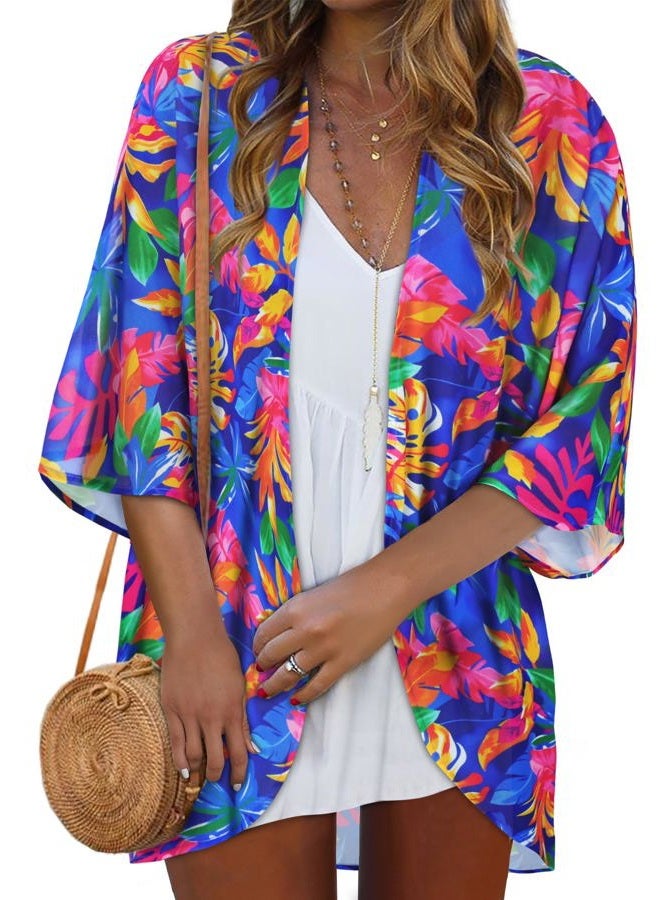 rosemia كيمونو نسائي كاردigans عصرية صيفية tops غطاء أمامي بطباعة زهور ملابس منتجع، أوراق ملونة، L - Image 1