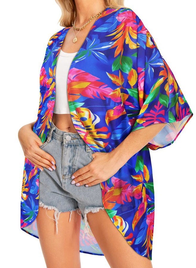 rosemia كيمونو نسائي كاردigans عصرية صيفية tops غطاء أمامي بطباعة زهور ملابس منتجع، أوراق ملونة، L - Image 5