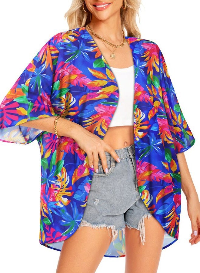 rosemia كيمونو نسائي كاردigans عصرية صيفية tops غطاء أمامي بطباعة زهور ملابس منتجع، أوراق ملونة، L - Image 4
