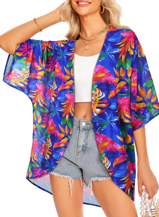 rosemia كيمونو نسائي كاردigans عصرية صيفية tops غطاء أمامي بطباعة زهور ملابس منتجع، أوراق ملونة، L - Image 2