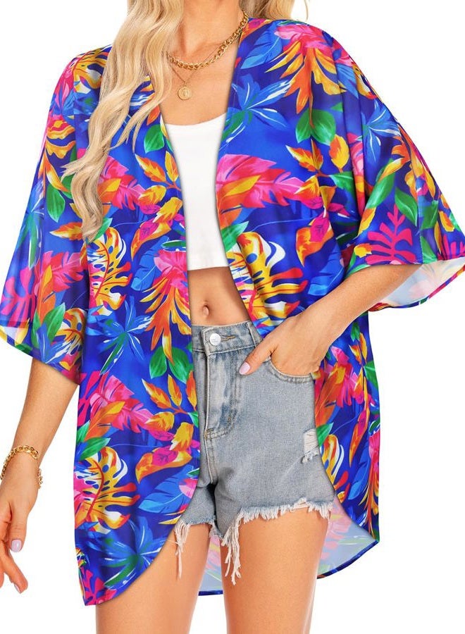 rosemia كيمونو نسائي كاردigans عصرية صيفية tops غطاء أمامي بطباعة زهور ملابس منتجع، أوراق ملونة، L - Image 3