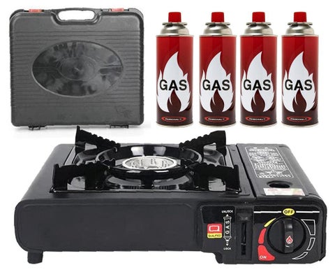 Portable Camping Stove with 4-Piece Butane Gas Catridge - Black/Orange/Red
