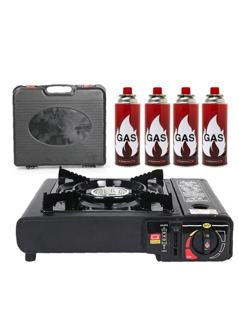 Camping Stove with 4-Piece Butane Gas Catridge -Two Way - Black/Orange/Red