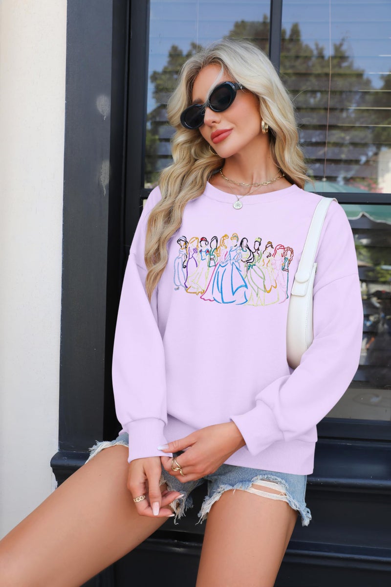 BANGELY Magical Sweatshirt Women Cute Embroidered Magic Princess Sweater Family Vacation Shirt Casual Long Sleeve Top Purple - Image 3
