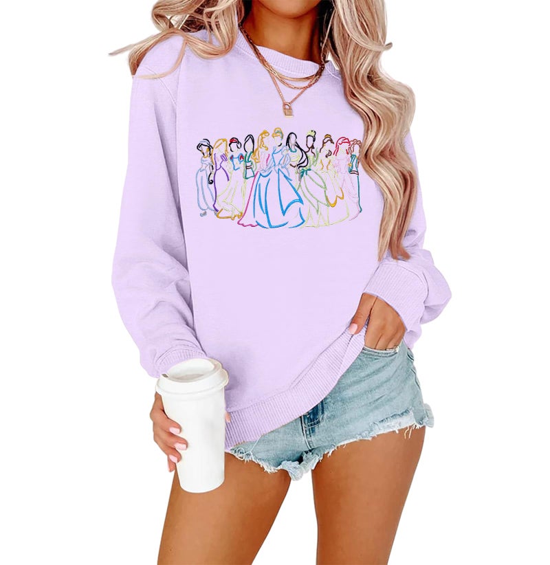 BANGELY Magical Sweatshirt Women Cute Embroidered Magic Princess Sweater Family Vacation Shirt Casual Long Sleeve Top Purple - Image 1