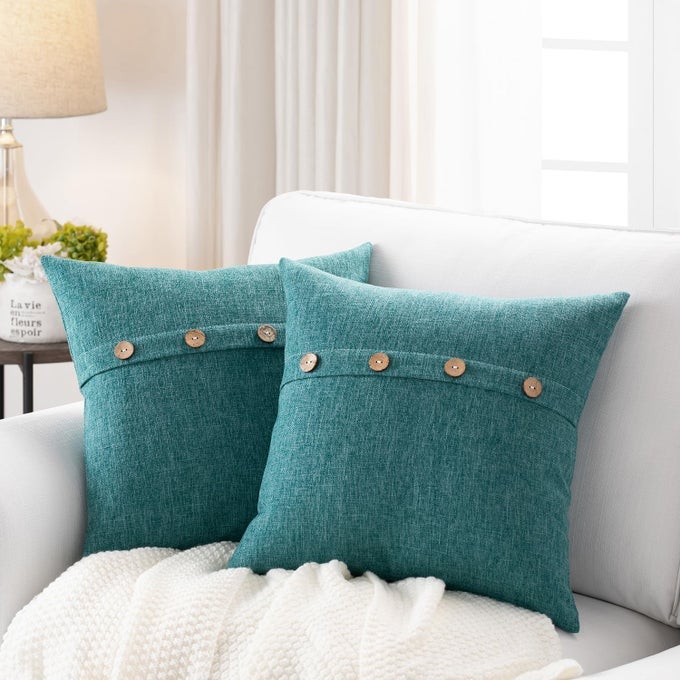 SET OF 2 TEAL GREEN SQUARE PILLOW COVERS 20 X 20 FARMHOUSE BOHO PILLOW COVERS WITH COCONUT BUTTONS FOR SOFA COUCH LIVING ROOM BEDROOM FARMHOUSE DCOR FOR THE HOME