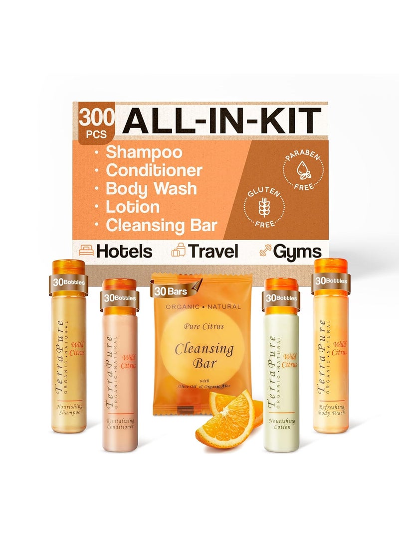 Terra Pure - Terra Pure Wild Citrus Hotel Amenities Set | 1-Shoppe Amenities Kit | 1oz Shampoo, Conditioner, Body Wash, Lotion, Bar Soap | Travel Size | 300 Pieces - Image 1