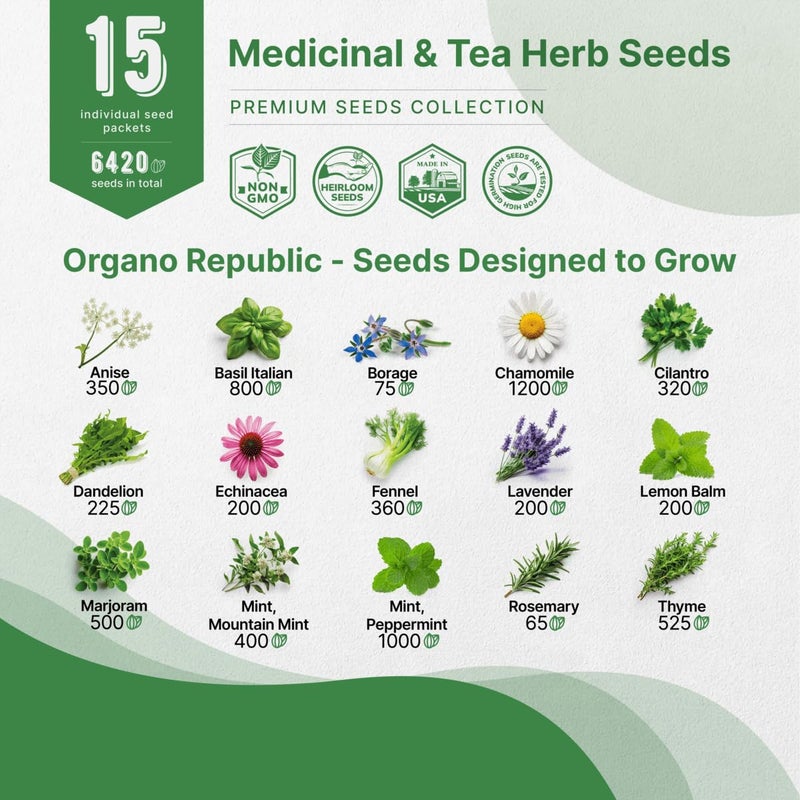 Organo Republic 15 Medicinal & Tea Herb Seeds Variety Pack 6,420+ Non-GMO Heirloom Garden Seeds for Indoor & Outdoors, Including Anise, Borage, Cilantro, Chamomile, Dandelion, Rosemary Seeds - Image 3
