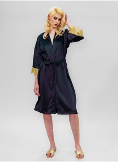 BITOLIA GALLERY Stretch Taffeta Black Robe with Gold Lace  - Image 1