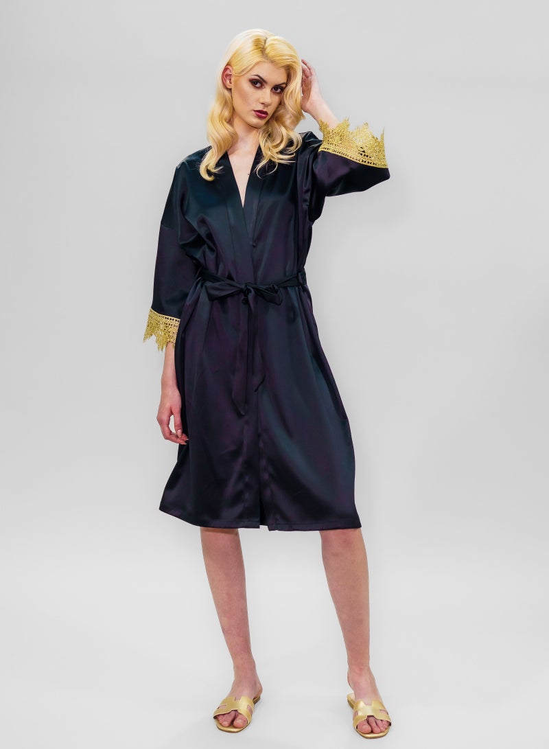 BITOLIA GALLERY Stretch Taffeta Black Robe with Gold Lace  - Image 1