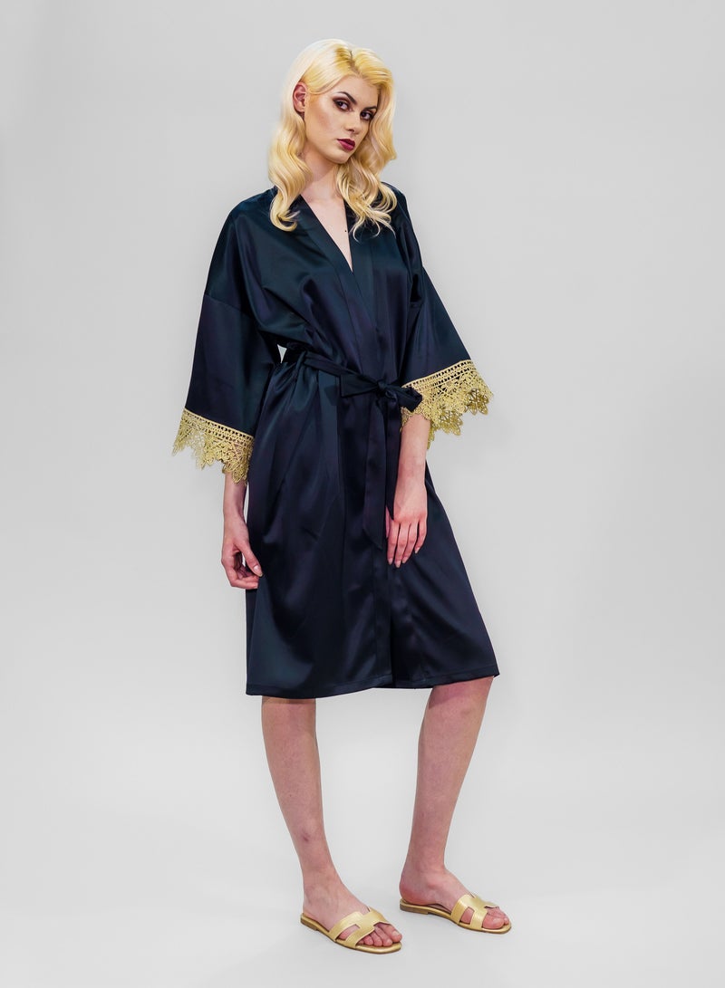 BITOLIA GALLERY Stretch Taffeta Black Robe with Gold Lace  - Image 3
