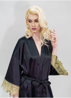 BITOLIA GALLERY Stretch Taffeta Black Robe with Gold Lace  - Image 5