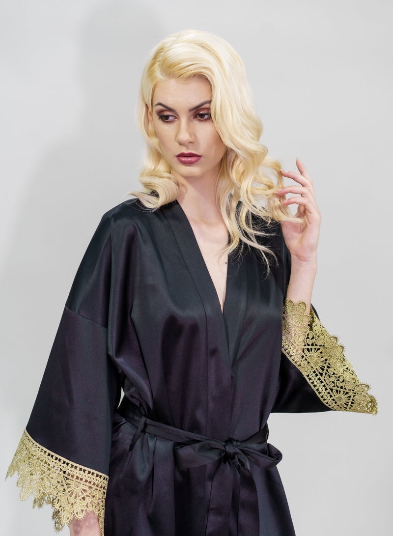 BITOLIA GALLERY Stretch Taffeta Black Robe with Gold Lace  - Image 5