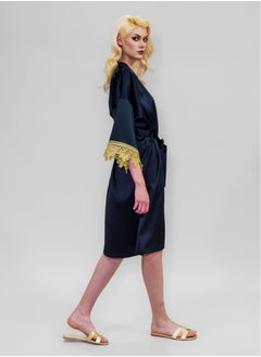 BITOLIA GALLERY Stretch Taffeta Black Robe with Gold Lace  - Image 4