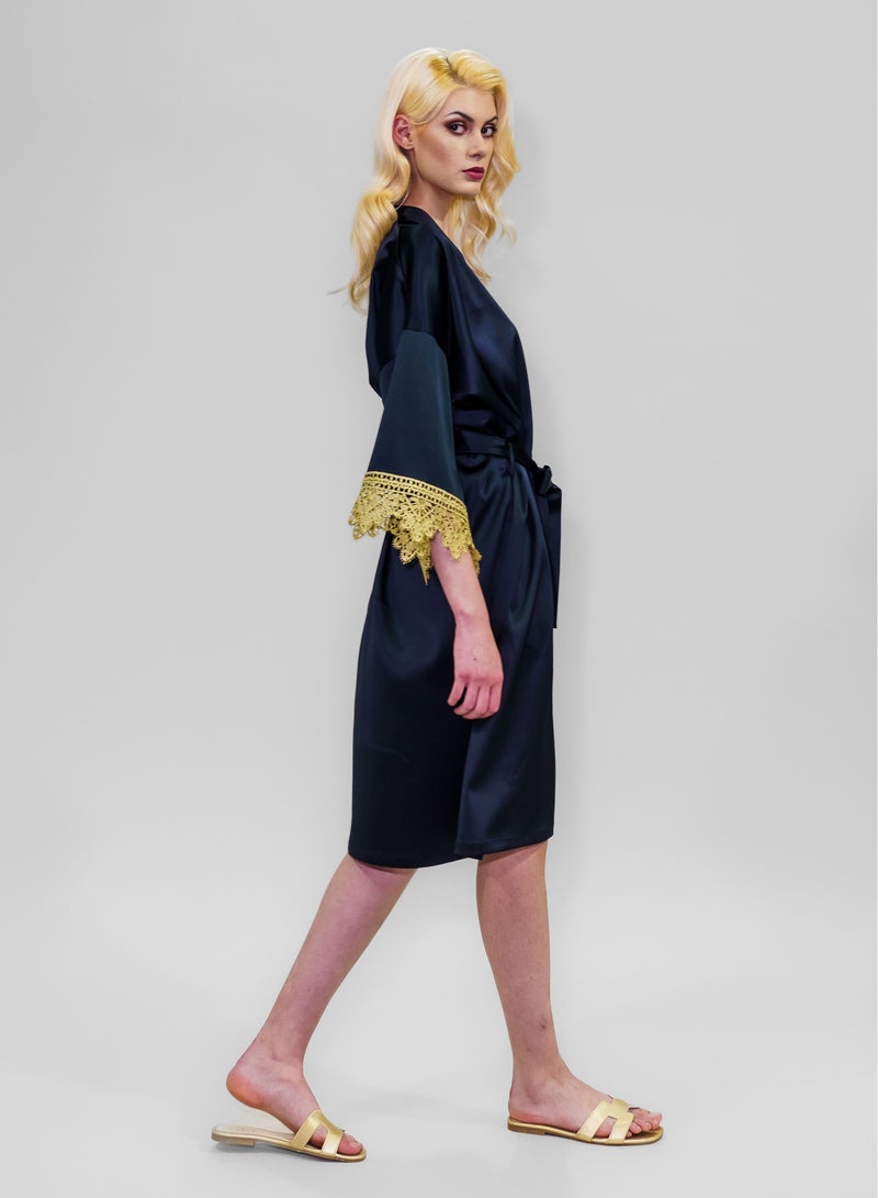 BITOLIA GALLERY Stretch Taffeta Black Robe with Gold Lace  - Image 4