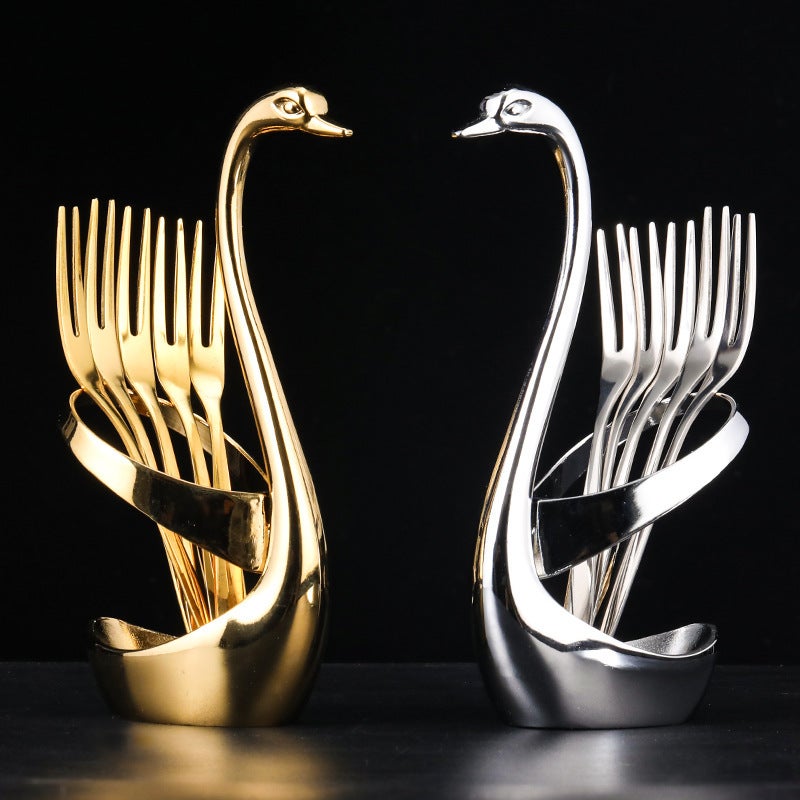 304 Stainless Steel Fruit Fork Cake Mooncake Fork Coffee Spoon Base Swan Seat Combination Tableware Set Dessert - Image 2