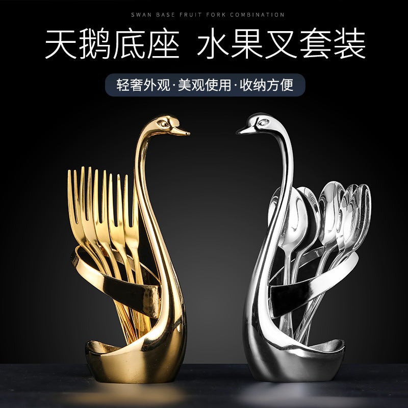 304 Stainless Steel Fruit Fork Cake Mooncake Fork Coffee Spoon Base Swan Seat Combination Tableware Set Dessert - Image 3