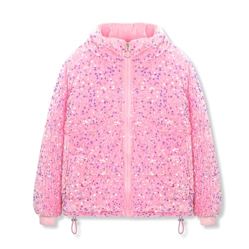 WELAKEN Girls Sequin Quilted Jacket Sparkly Warm Cotton Coat, Pink, 5T - Image 1