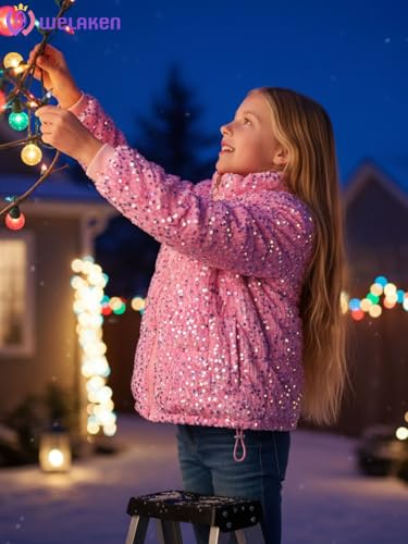 WELAKEN Girls Sequin Quilted Jacket Sparkly Warm Cotton Coat, Pink, 5T - Image 3