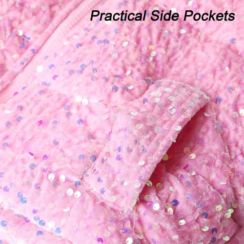 WELAKEN Girls Sequin Quilted Jacket Sparkly Warm Cotton Coat, Pink, 5T - Image 5