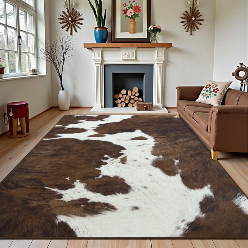 Foxmas Cow Print Rugs for Living Room Bedroom, 5x7 Washable Non-Slip Low Pile Indoor Floor Rug, Carpet for Dining Room Kitchen Office Western Home Decor, Brown - Image 1