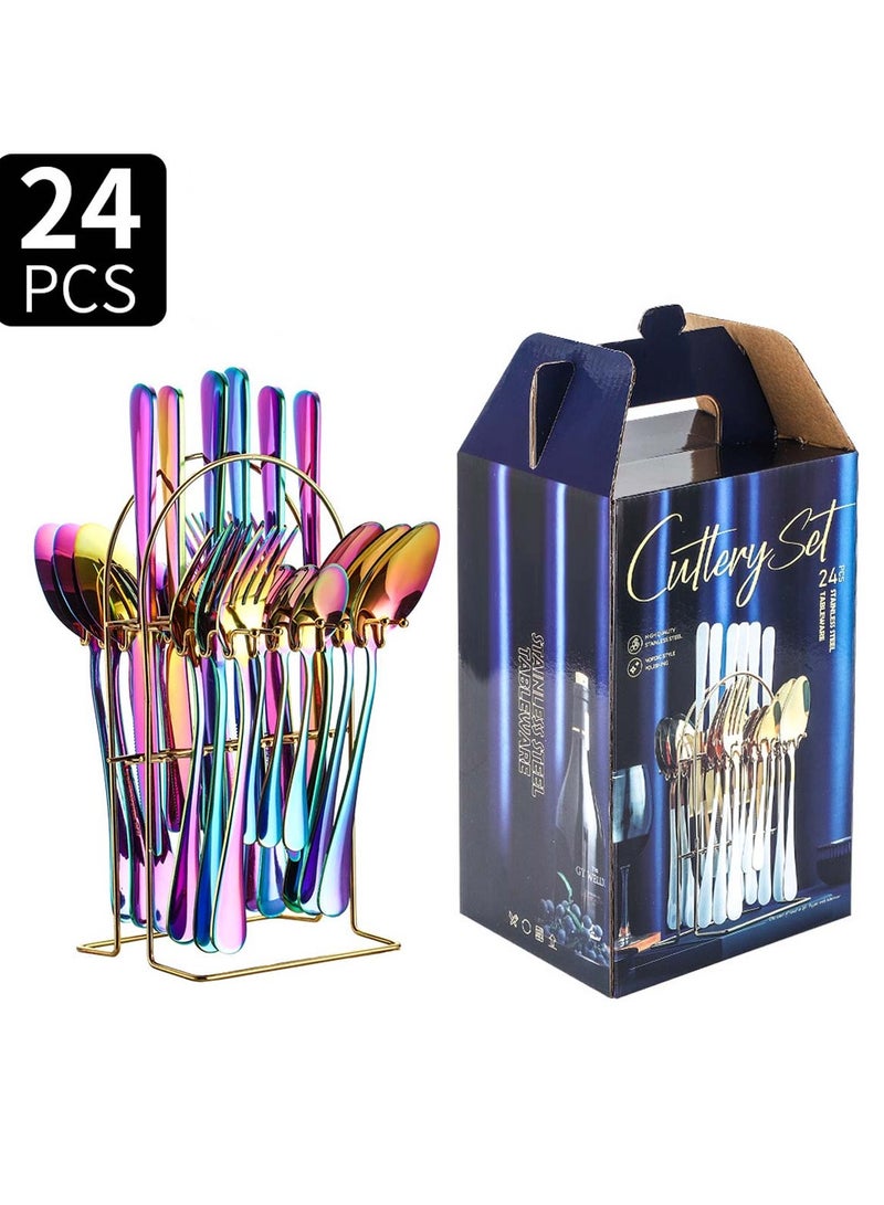 Huitich 24-Piece Stainless Steel Cutlery Set with Stand Rainbow Finish - Image 1