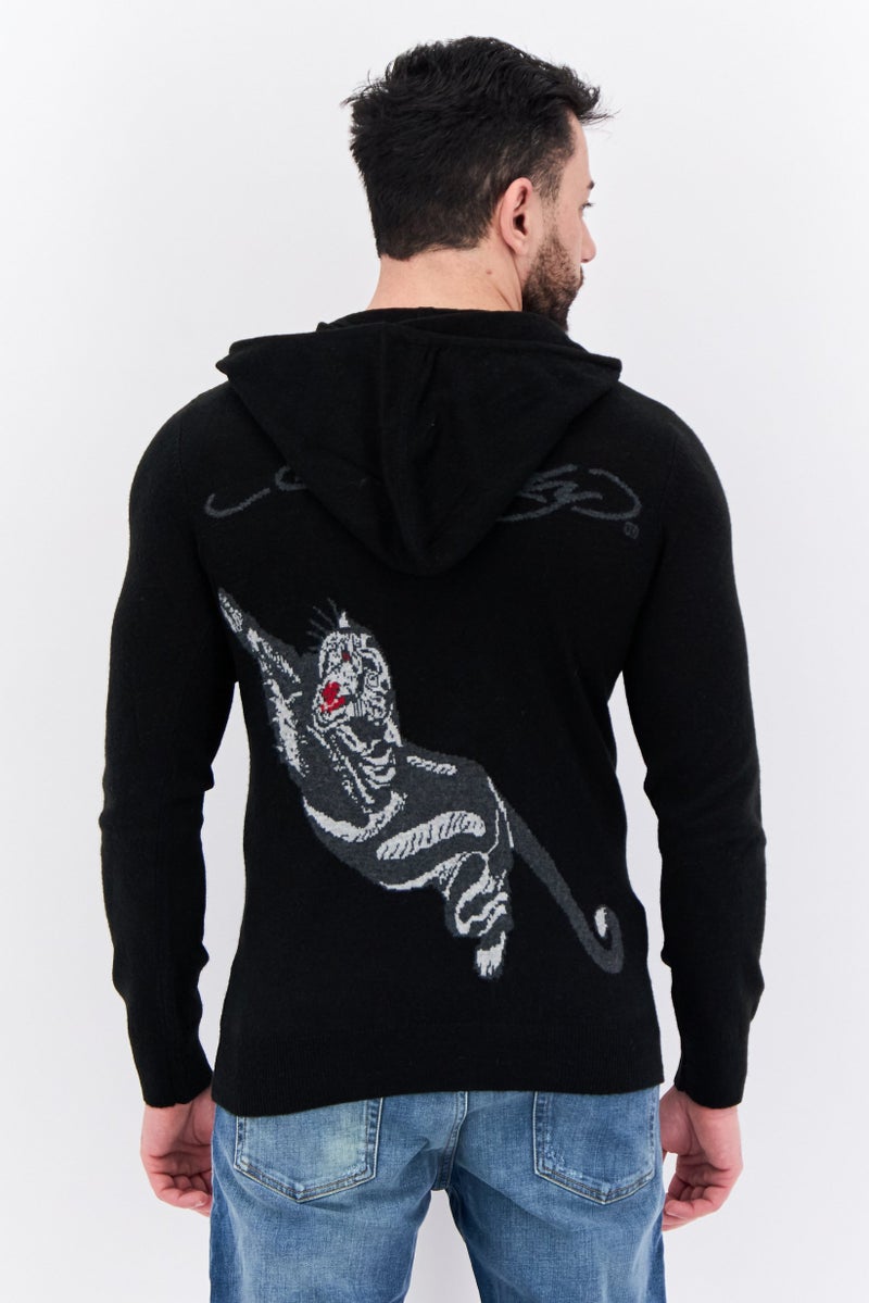 Ed Hardy سويت شيرت رجالي بغطاء رأس بطباعة جرافيك بأكمام طويلة، أسود - Image 3