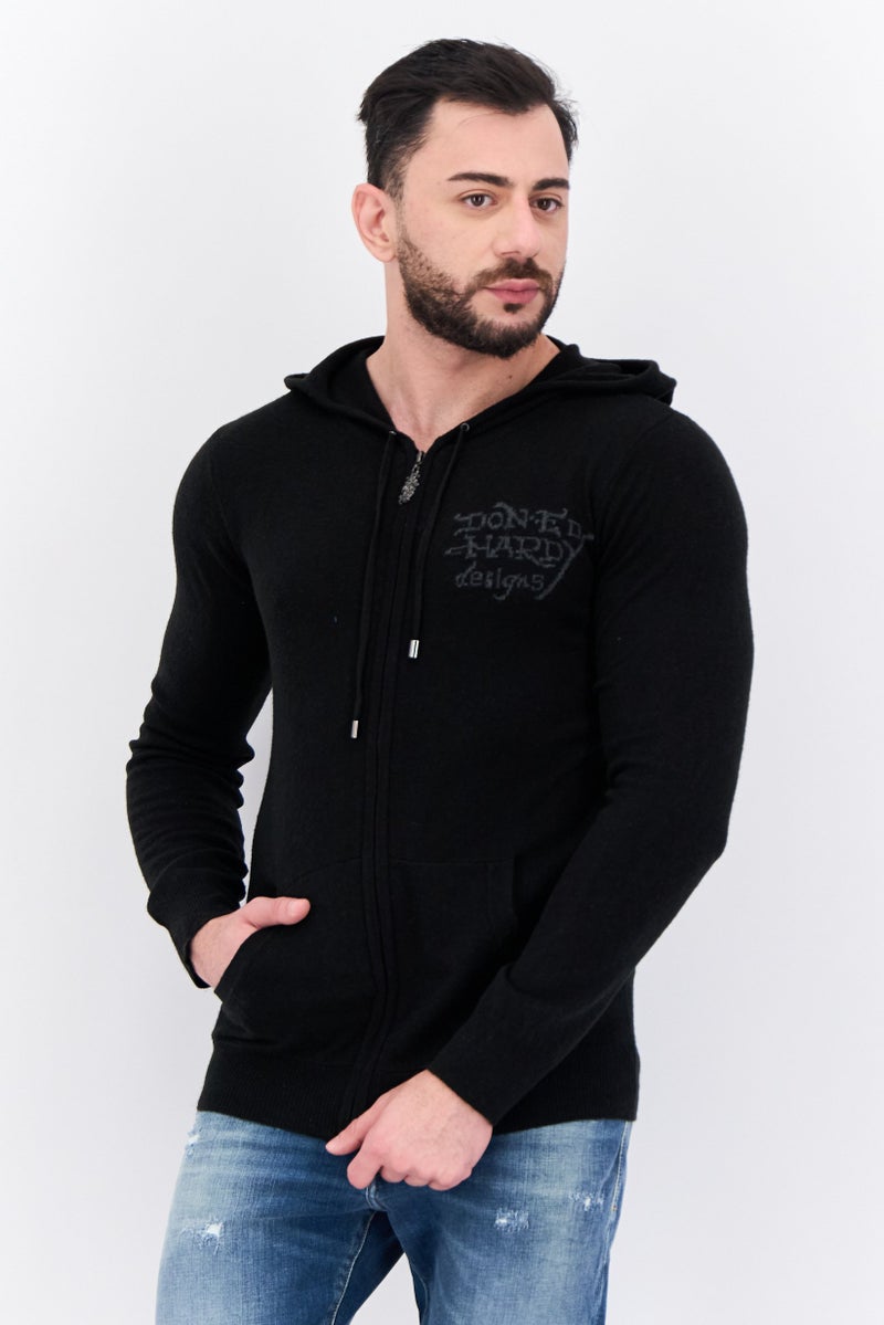 Ed Hardy سويت شيرت رجالي بغطاء رأس بطباعة جرافيك بأكمام طويلة، أسود - Image 1