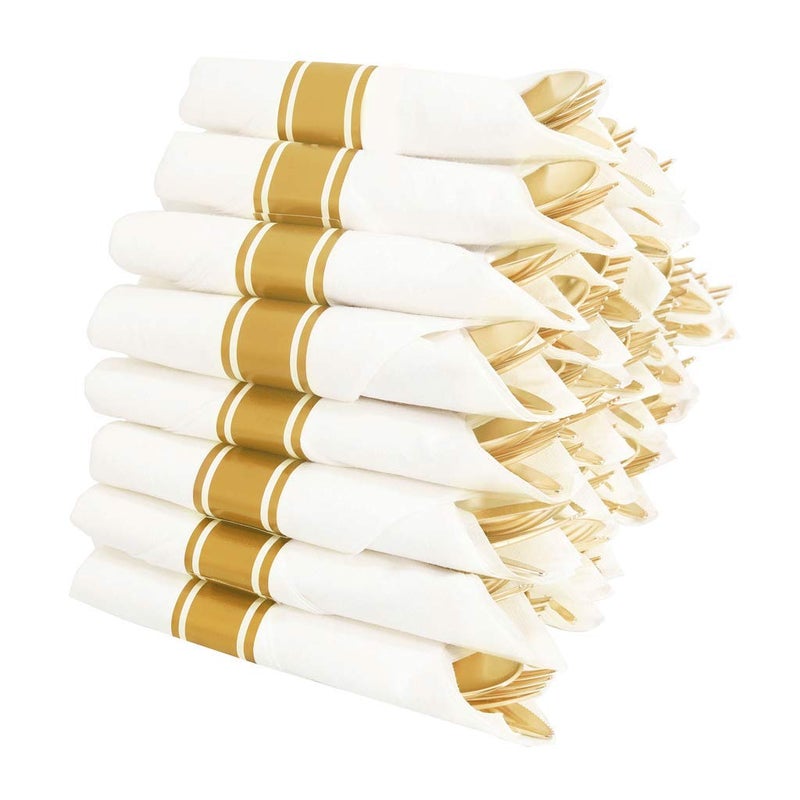 WELLIFE 200 Pcs Gold Plastic Silverware with Pre Rolled Napkins Disposable Silverware Includes: 50 Forks  50 Knives  50 Spoons  50 Napkins Plastic Cutlery - Image 1