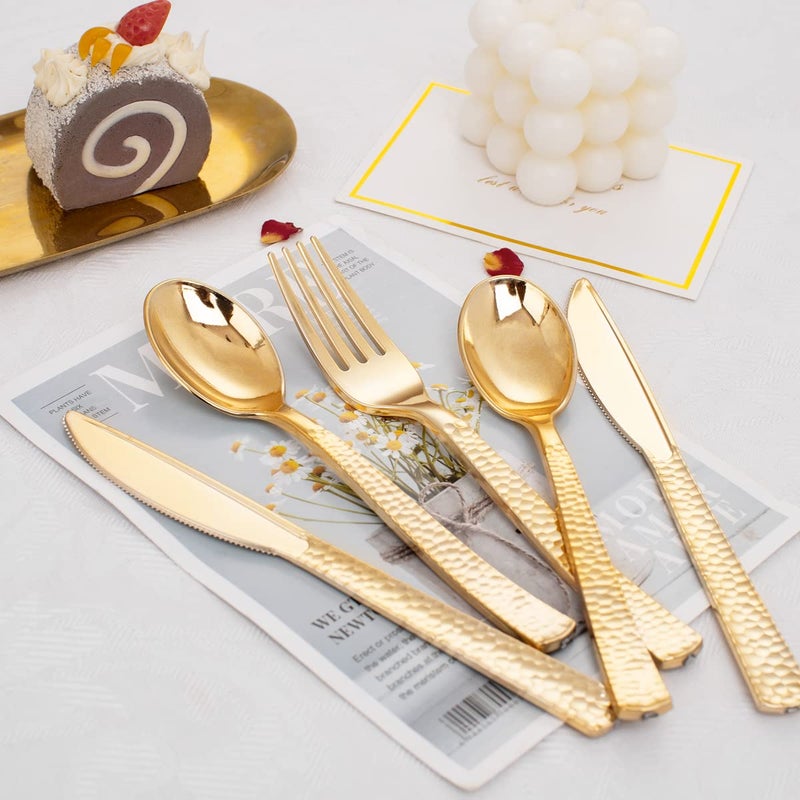 WELLIFE 200 Pcs Gold Plastic Silverware with Pre Rolled Napkins Disposable Silverware Includes: 50 Forks  50 Knives  50 Spoons  50 Napkins Plastic Cutlery - Image 3
