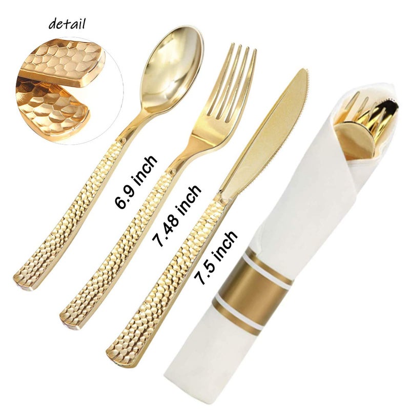 WELLIFE 200 Pcs Gold Plastic Silverware with Pre Rolled Napkins Disposable Silverware Includes: 50 Forks  50 Knives  50 Spoons  50 Napkins Plastic Cutlery - Image 2