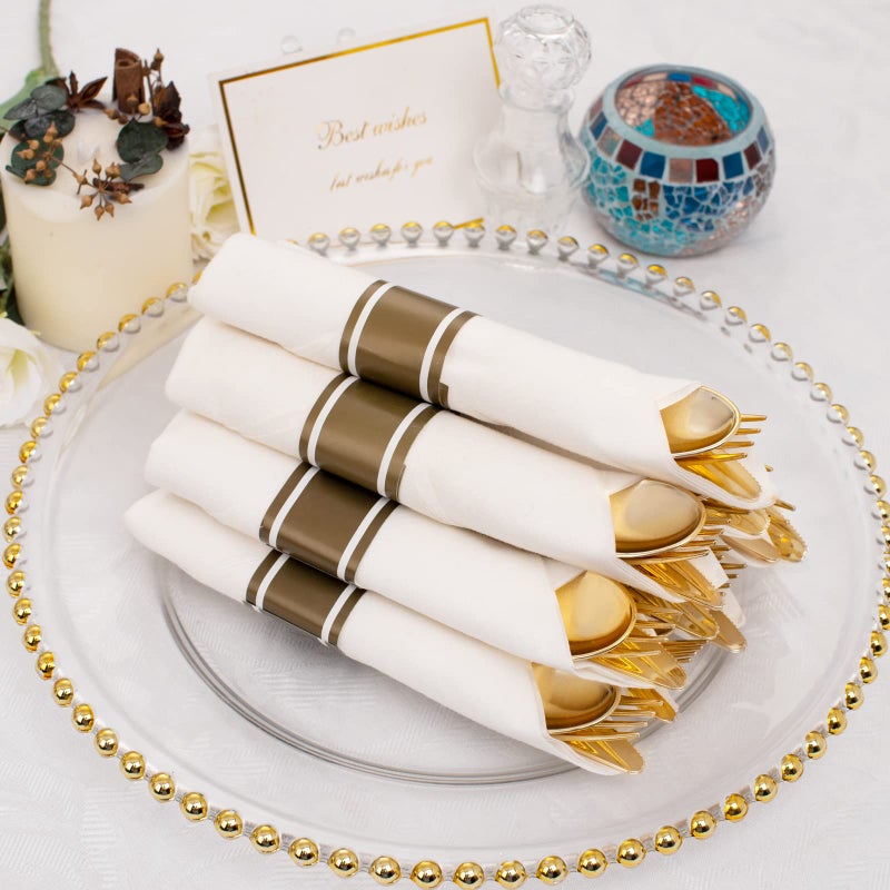 WELLIFE 200 Pcs Gold Plastic Silverware with Pre Rolled Napkins Disposable Silverware Includes: 50 Forks  50 Knives  50 Spoons  50 Napkins Plastic Cutlery - Image 5