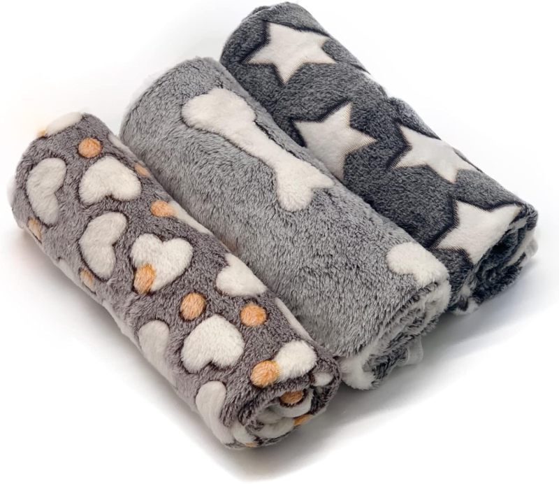 1 paquete de 3 mantas para cachorros, súper suaves, cálidas, para dormir, color gris, con estampado lindo, de forro polar esponjoso, manta de franela para mascotas, para perros pequeños, gatos, - Image 2