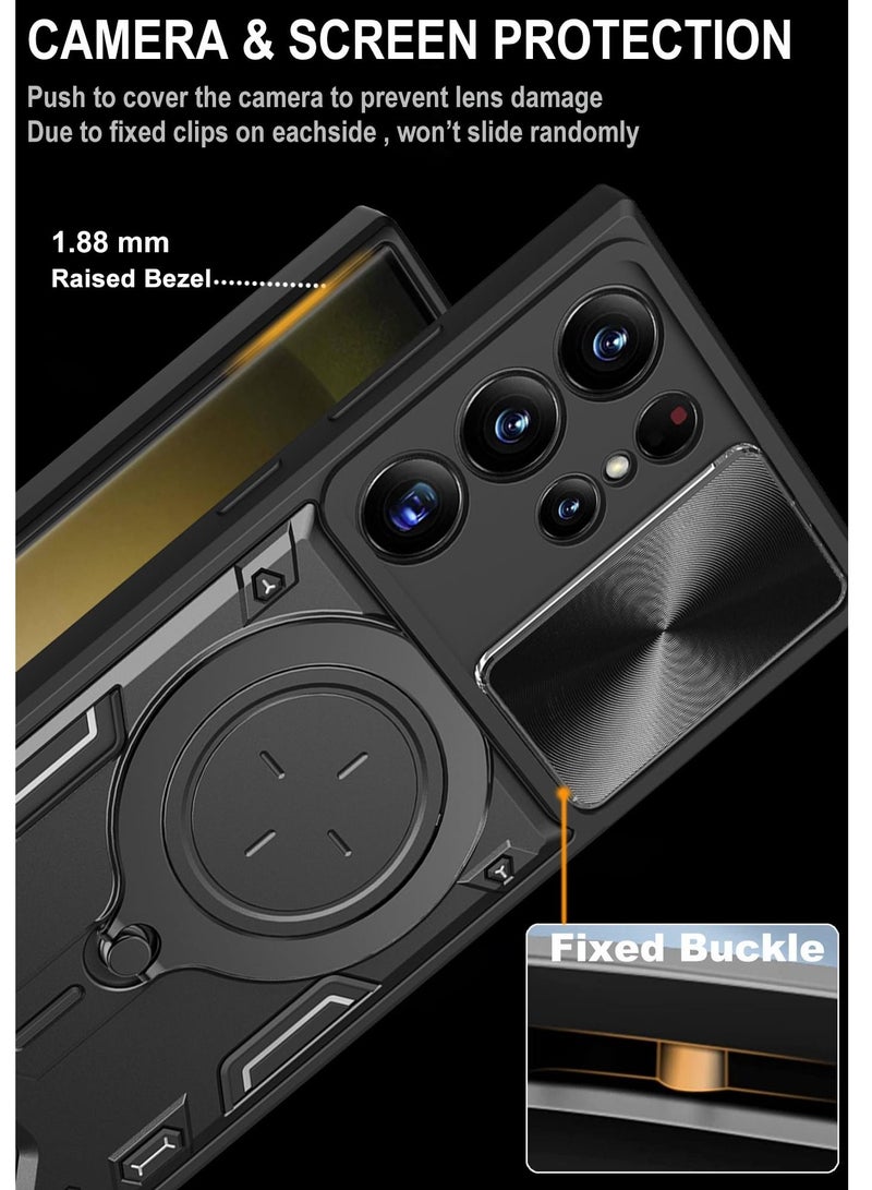 Excefore For Samsung Galaxy S23 Ultra Case, Slide Camera Lens Cover,  360 Degree Rotating Ring Kickstand, [10FT MIL-Grade Shockproof Protection], Magnetic Car Mount Compatible (Black)  - Image 2