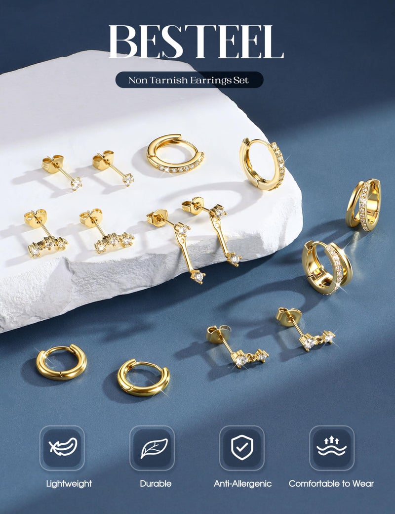BESTEEL 7Pairs Hypoallergenic Gold Earrings for Women Trendy Small Stud Huggie Hoop Earing Stacks Set Cute Stainless Steel Cartilage Helix Jewelry for Sensitive Ears Dainty Christmas Earrings Gifts - Image 5