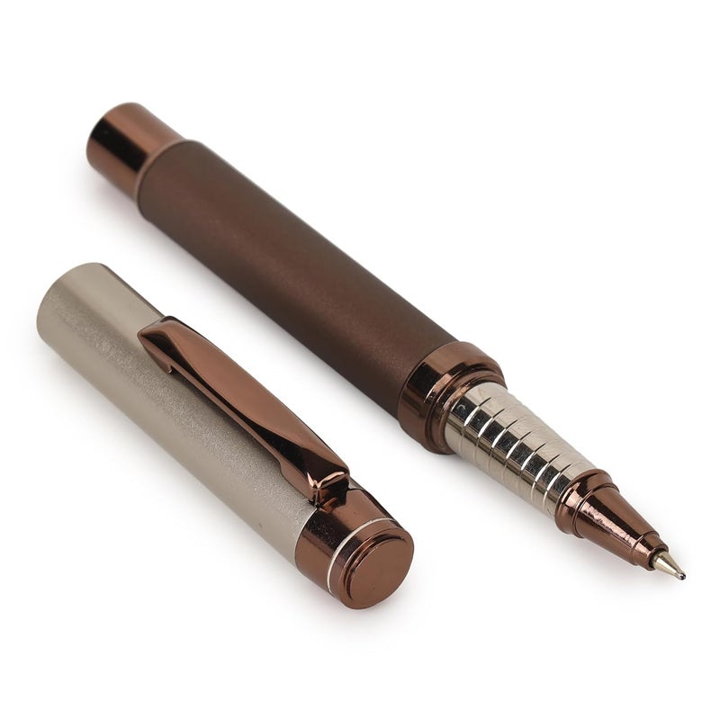 crewtone 20405 Luxury Roller Ball Pen Brown Metal Body Satin Sliver Cap Metallic Copper Finish Clip & Trims, Pen Comes with High End Gift Box. - Image 1