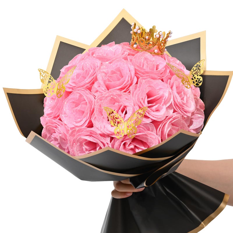 Waipfaru Glitter Roses Bouquet DIY Fake Flowers Bouquet Birthday Gifts for Women Mom 24 Pcs Pink Rose for Grandma Wife Girlfriend Valentines Mothers Day Anniversary Graduation - Image 2